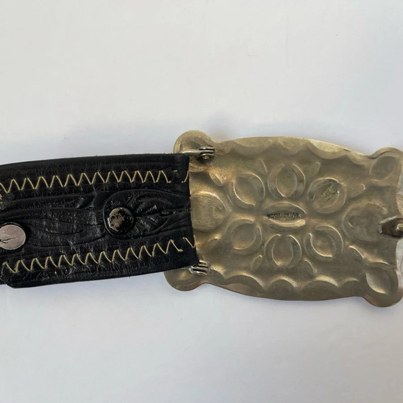 Native American Turquoise Silver Genuine Leather Buckle Tooled Belt black Sz 38 - Picture 4 of 8